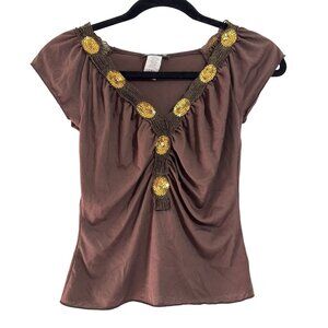 Vintage 5.7.9. Women's Brown Gold Sequins 90s Y2K Short Sleeve Top Size XS